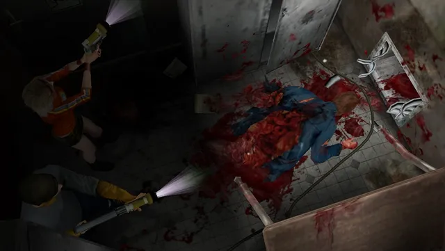 Obscure screenshot: two students shine flashlights on a bloody body in a tiled room