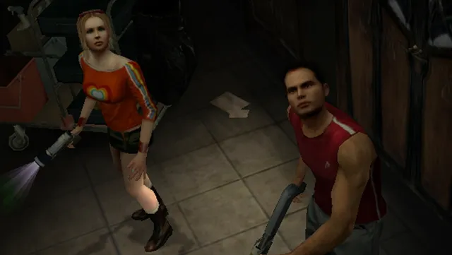 Obscure screenshot: a girl with a flashlight and a boy with a shotgun look around a dark storeroom