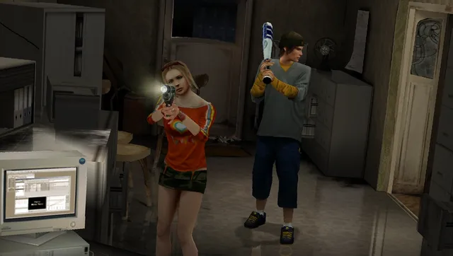 Obscure screenshot: a student aims a handgun with a mounted light while another holds a baseball bat in a school office