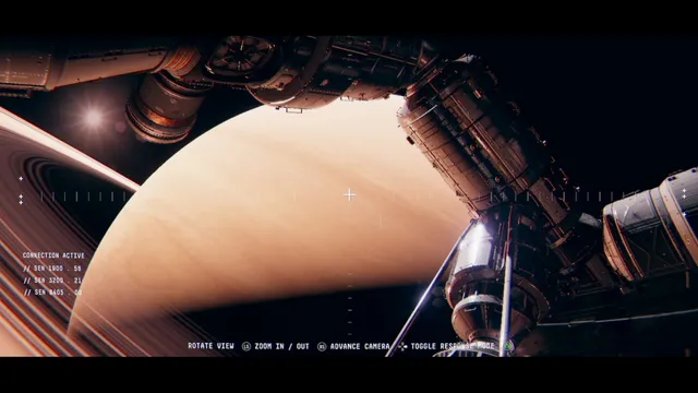 The space station's modules seen against a huge ringed planet, Saturn, from an external camera