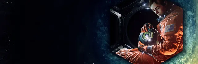 Observation key art: an astronaut in an orange suit floats by a round porthole holding a glowing camera device