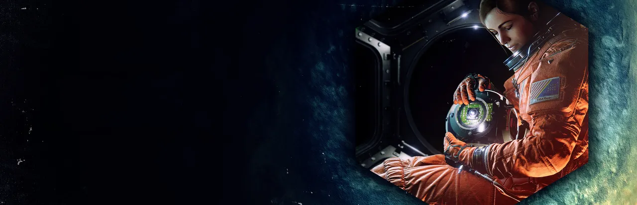 Observation key art: an astronaut in an orange suit floats by a round porthole holding a glowing camera device