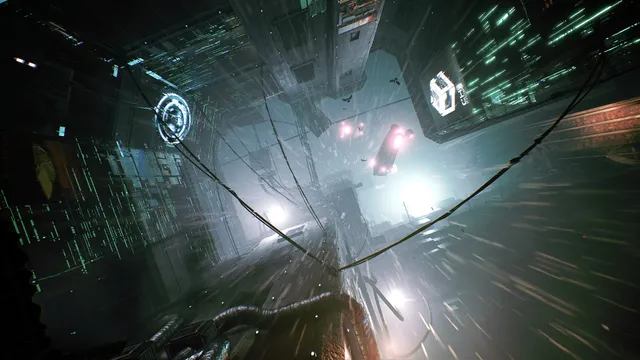 Observer: System Redux screenshot: looking up between cyberpunk tower blocks in the rain at a flying vehicle with pink lights
