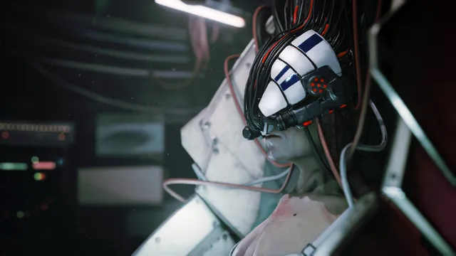 Observer: System Redux screenshot: a pale figure strapped into a chair with a white neural helmet wired into her head