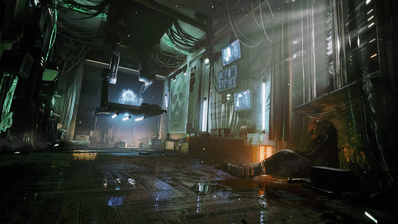 Observer: System Redux screenshot: a dark, wet apartment full of cables and green-lit monitors, with a body slumped against the wall in the light of a heater