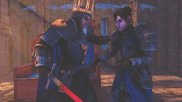Of Love and Eternity screenshot: a crowned old knight and a dark-haired knight in armour stand close in a sunlit cathedral