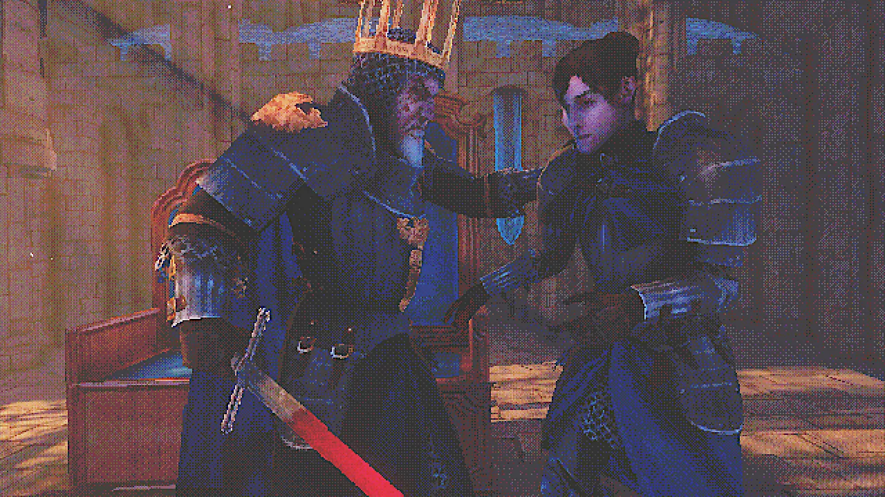 Of Love and Eternity screenshot: a crowned old knight and a dark-haired knight in armour stand close in a sunlit cathedral