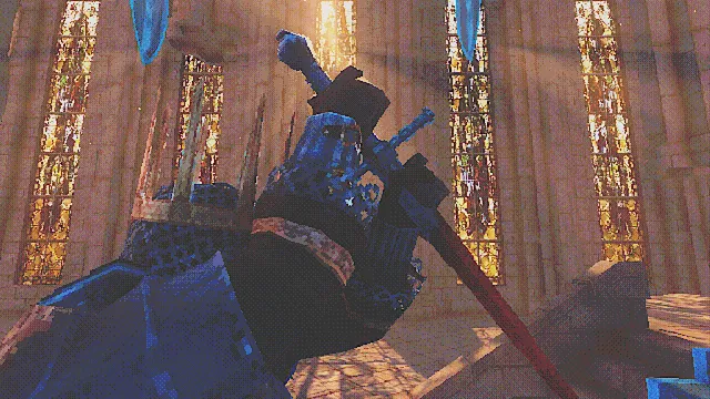 Of Love and Eternity screenshot: a crowned knight raises a blood-red sword under stained-glass windows