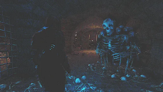 Of Love and Eternity screenshot: the knight faces skeletons slumped among skulls and bones in a blue-lit crypt