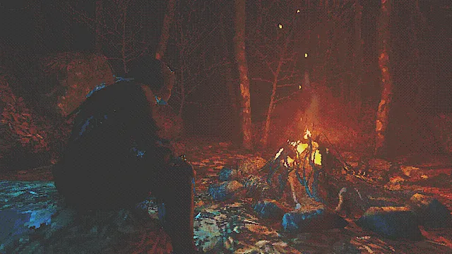 Of Love and Eternity screenshot: the knight sits by a campfire in a dark red forest