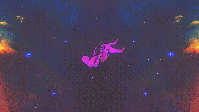Of Love and Eternity screenshot: a glowing pink figure falls through a starry purple void