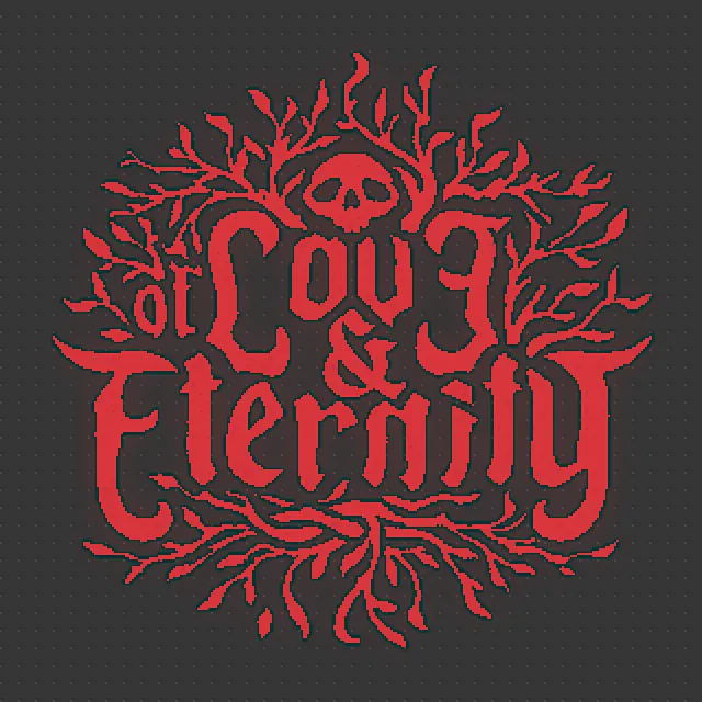 Of Love and Eternity logo: the title in red gothic letters wrapped in branching red roots around a small skull