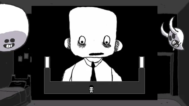 A huge pale man with heavy-lidded eyes and a tie looms over the small Batter in a black and white room