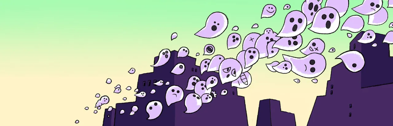 OFF key art: a swarm of pale purple ghosts with varied faces pouring over dark purple buildings