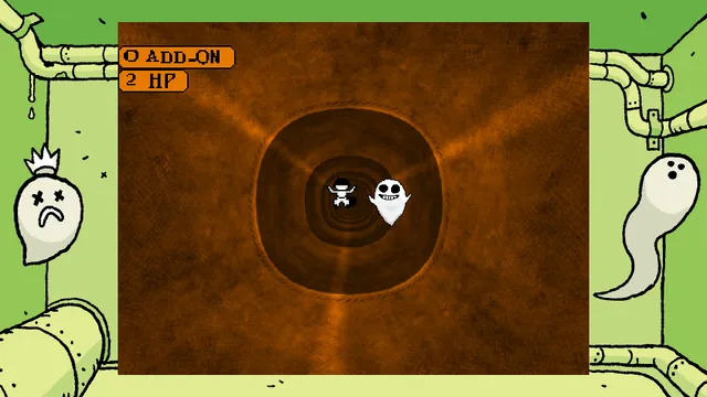 A battle against a grinning ghost inside a dark tunnel, with HP shown in the corner
