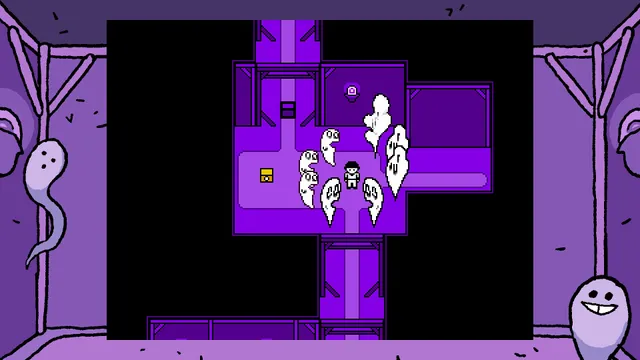The Batter surrounded by white specters in a purple building, framed by drawings of ghosts