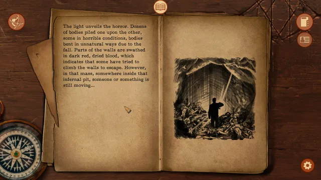 A page of the journal describing a pit of piled, twisted bodies, beside an ink drawing of a man in the pit