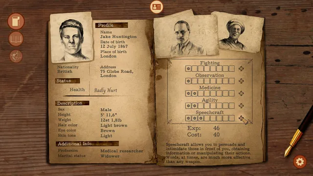 Dr. Jake Huntington's character sheet with skills for fighting, observation, medicine, agility and speechcraft