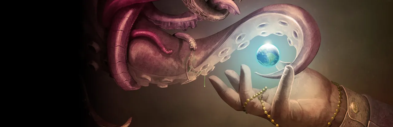 Omen Exitio: Plague key art: tentacles curling round a hand that holds a glowing Earth