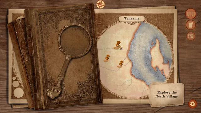 A map of Tanzania with pins, beside a magnifying glass and old books