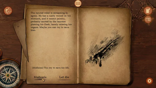A journal page with the choice to medicate a wounded rebel or let him die