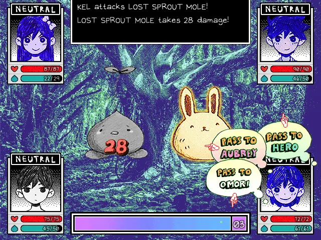 OMORI screenshot: a turn-based battle against a sprout mole and a bunny in a dark forest