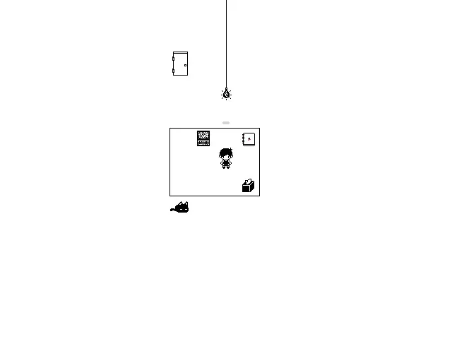 OMORI screenshot: OMORI alone in the white room with a laptop, a cat and a light bulb hanging above