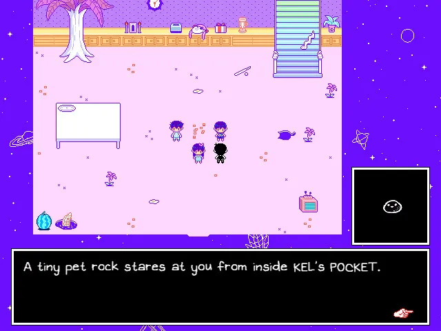 OMORI screenshot: the four friends in a pastel purple playground, Kel's pet rock staring from his pocket