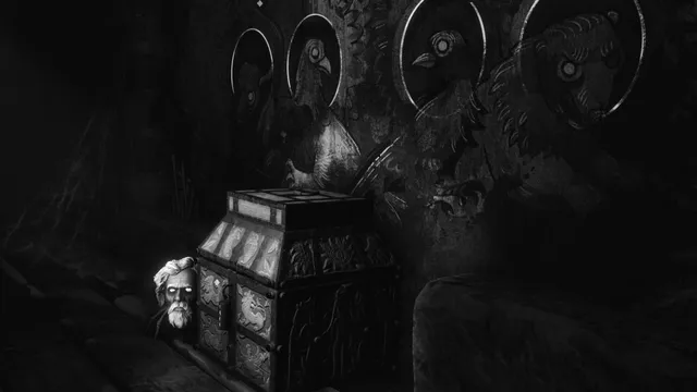 Icons of bird-headed saints with halos above a carved chest, with an old man's face peeking from behind it