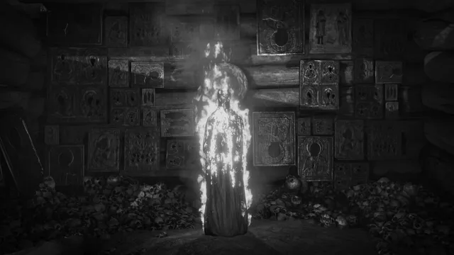 A figure burning with bright flames before a wall of old icons above a floor of skulls