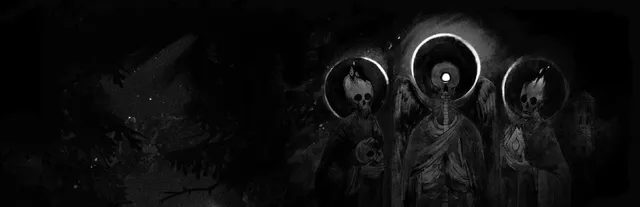 One-Eyed Likho art in black and white: three robed figures with skull faces and dark halos, the middle one with a single glowing eye, in a dark forest