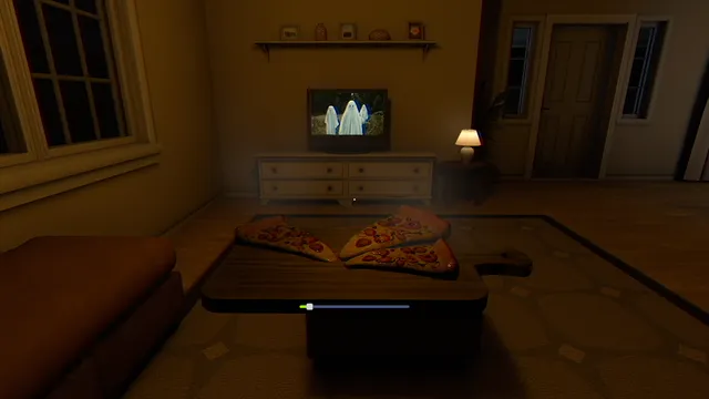 One Halloween Night screenshot: pizza on the coffee table in front of a TV showing a ghost film