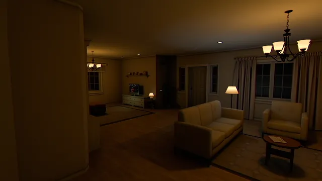 One Halloween Night screenshot: a warmly lit, empty living room with a sofa, chandelier and TV
