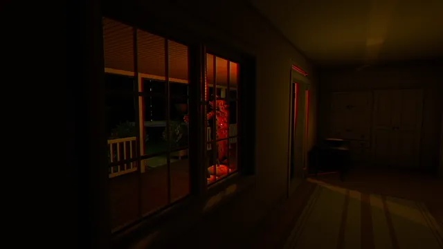 One Halloween Night screenshot: a dim room by the front windows, red light and a shape outside on the porch