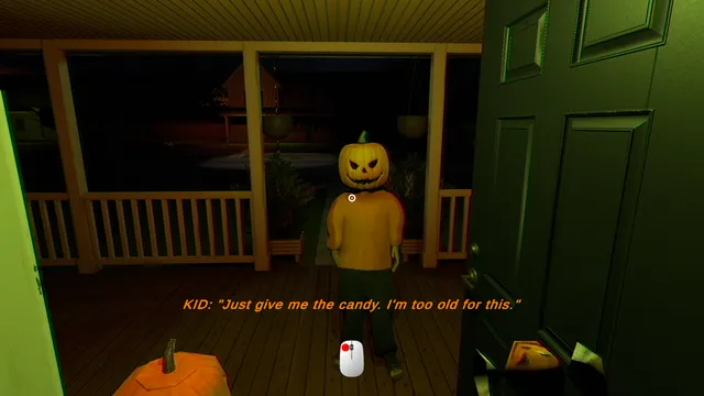 One Halloween Night screenshot: a trick-or-treater in a pumpkin mask on the porch saying Just give me the candy, I'm too old for this