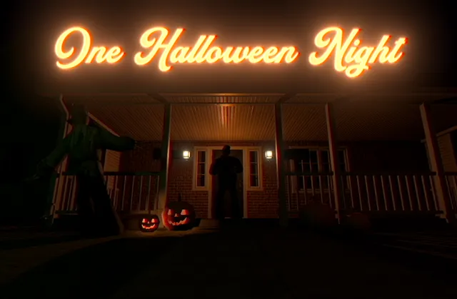 One Halloween Night cover: a dark figure in the doorway of a porch with glowing jack-o'-lanterns, under the title in orange neon