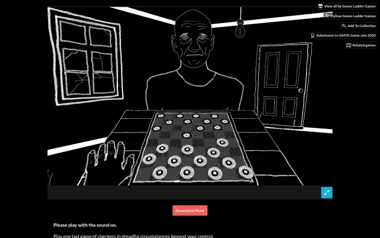 One Last Game being played: an old man sits across a checkers board under a bare bulb, drawn in white lines on black, the player's hand on the table
