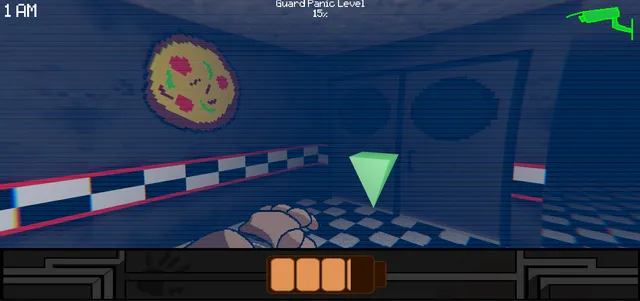 One Night as Freddy screenshot: at 1 AM Freddy approaches a doorway marked by a green arrow