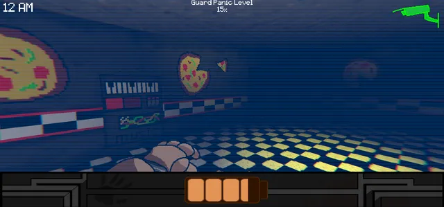 One Night as Freddy screenshot: Freddy's hands in a checkered pizzeria hall at 12 AM, with pizza posters and a camera icon