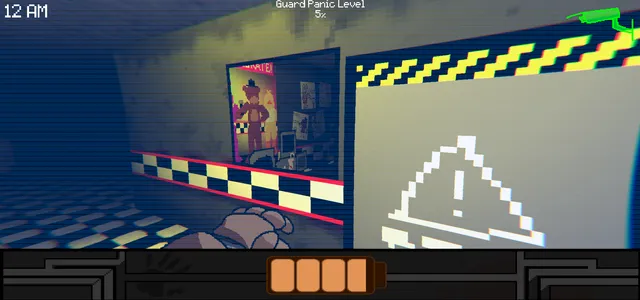 One Night as Freddy screenshot: Freddy's view of a pizzeria wall with a Freddy poster and a warning sign, the guard's panic level shown at the top