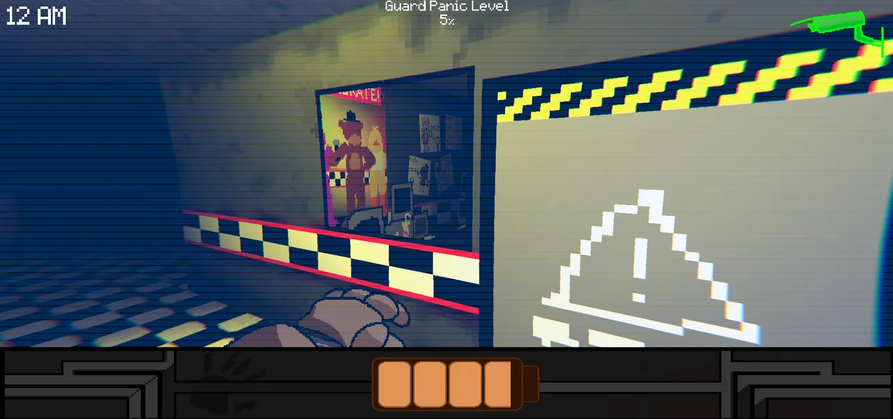 One Night as Freddy screenshot: Freddy's view of a pizzeria wall with a Freddy poster and a warning sign, the guard's panic level shown at the top