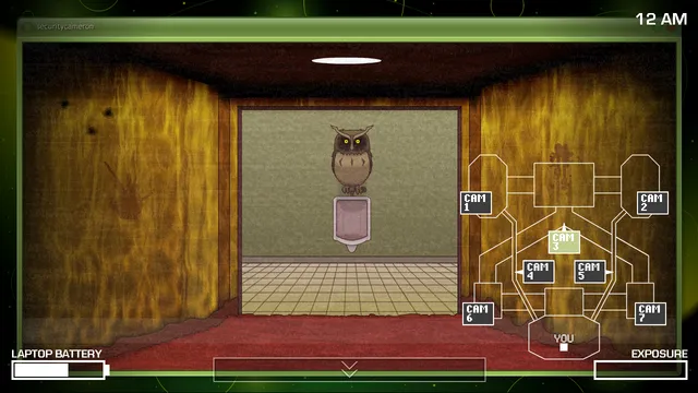 One Night at Flumpty's 2 screenshot: the laptop camera showing an owl perched above a urinal, with the camera map