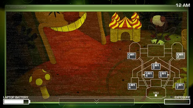 One Night at Flumpty's 2 screenshot: a camera on a red-carpeted room with a striped tent, giant mushrooms and a hunched creature