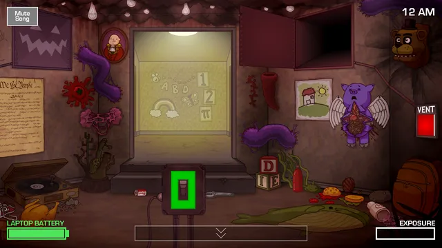 One Night at Flumpty's 2 screenshot: the cluttered hand-drawn room at 12 AM with the light switch, a winged pig creature, a vent and the laptop battery and exposure meters