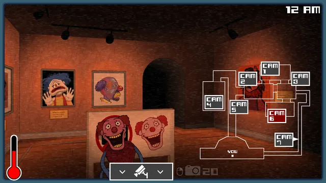 One Night at Flumpty's 3 screenshot: a camera on a gallery of grinning clown paintings
