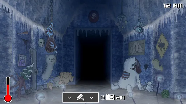 One Night at Flumpty's 3 screenshot: the freezing blue room at 12 AM hung with icicles and odd ornaments, a white furry creature by the door and a thermometer at the side