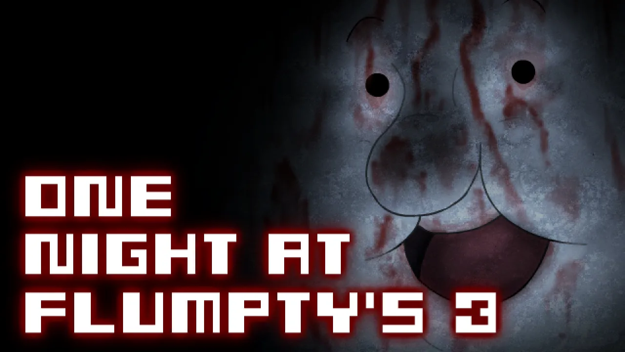 One Night at Flumpty's 3 key art: Flumpty Bumpty's pale egg face streaked with blood, grinning out of the dark beside the title in red pixel letters