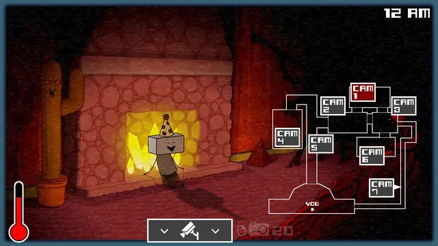 One Night at Flumpty's 3 screenshot: a camera on a fireplace where a box-headed figure in a party hat sits beside a cactus, with the camera map