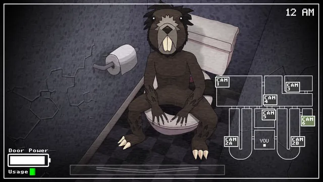 One Night at Flumpty's screenshot: a clawed beaver creature hunched on a toilet on camera 6