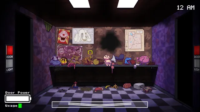 One Night at Flumpty's screenshot: the office at 12 AM with a counter of odd toys and posters, door and light buttons on each side and the door power meter
